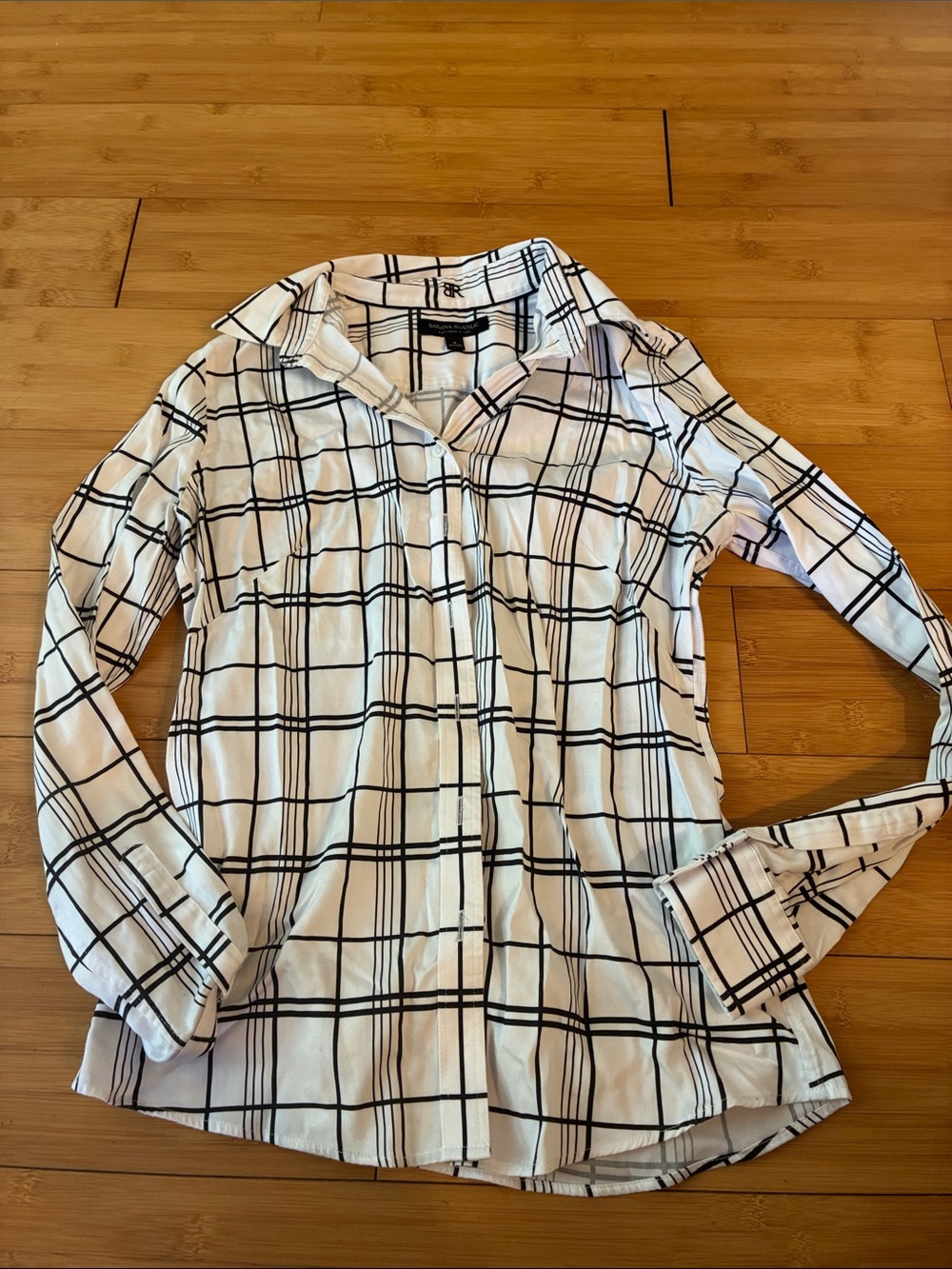 Banana Republic White Button-Down with Black Windowpane Grid